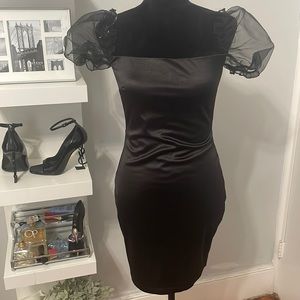 WINDSOR Black Mini Dress with Sheer Puff Sleeves